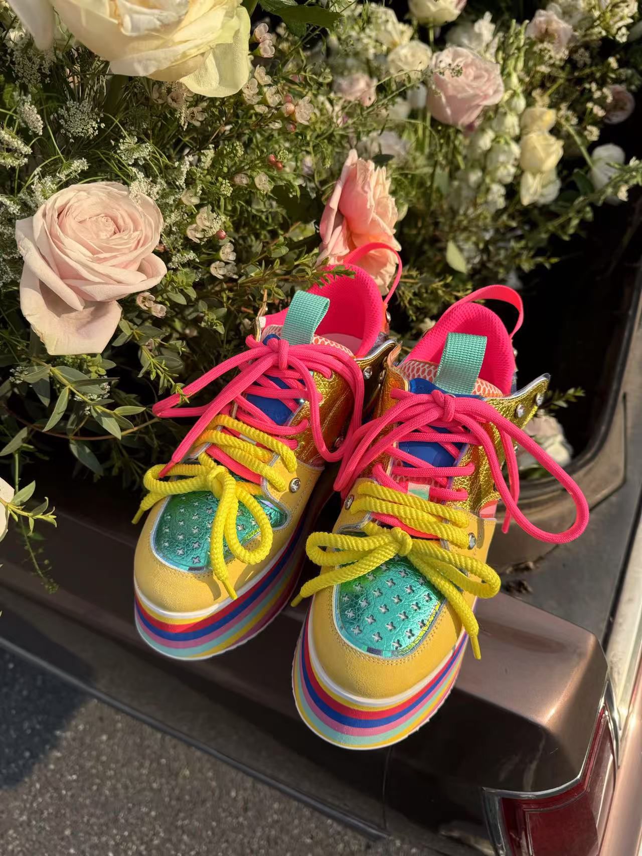 款欧洲站彩色设计师款厚底松糕女真皮拼色增高时尚潮流老爹鞋