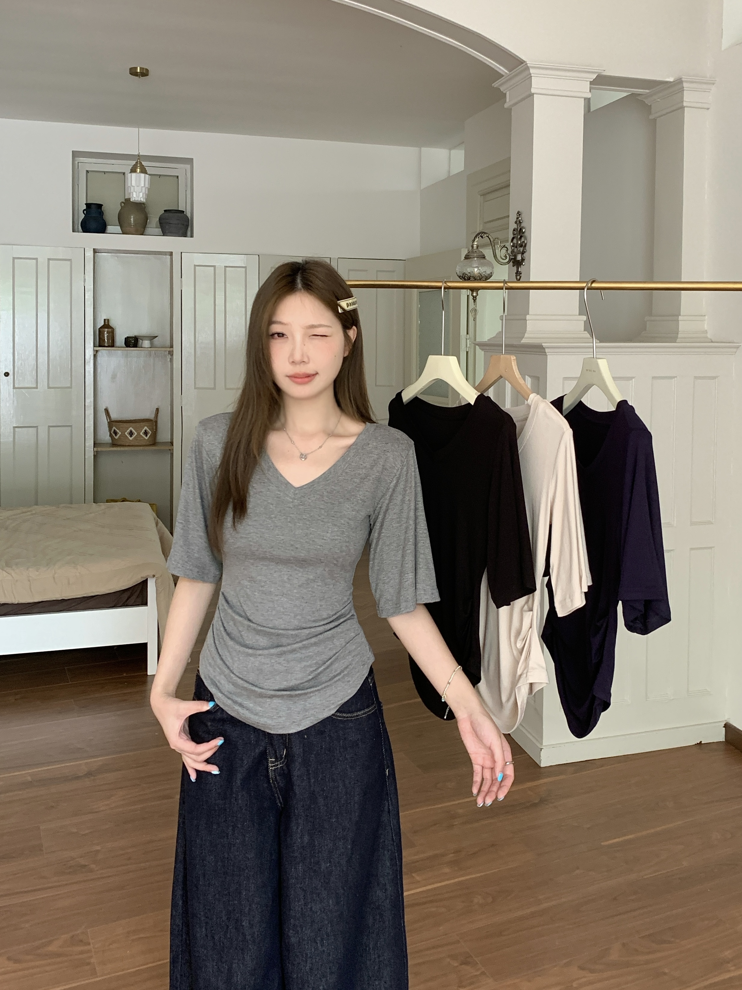 大码胖MM夏季新款设计感纯色荡袖瘦瘦T休闲显瘦修身打底百搭上衣