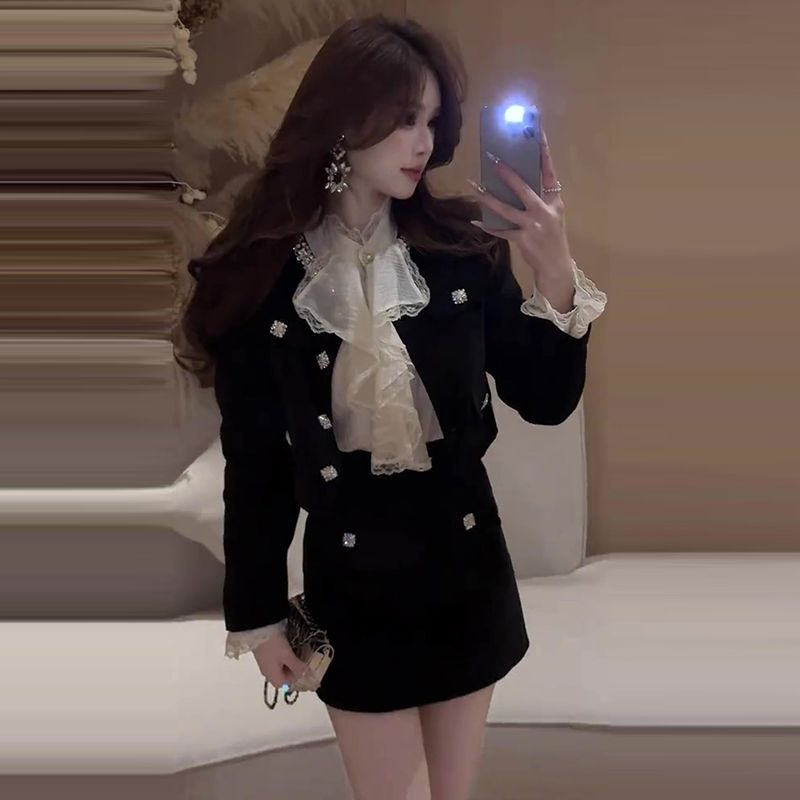 一整套千金感重工镶钻精致小香风短外套+半身裙网红穿搭两件套