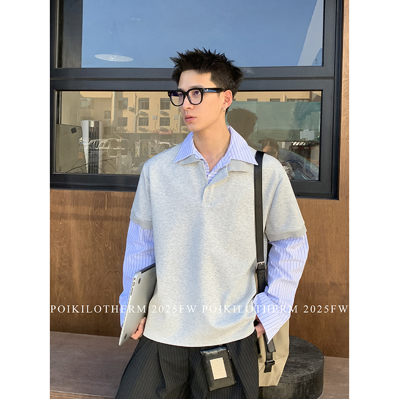 PLTH*美式学院风假两件条纹衬衫拼接POLO衫男秋季慵懒感长袖卫衣