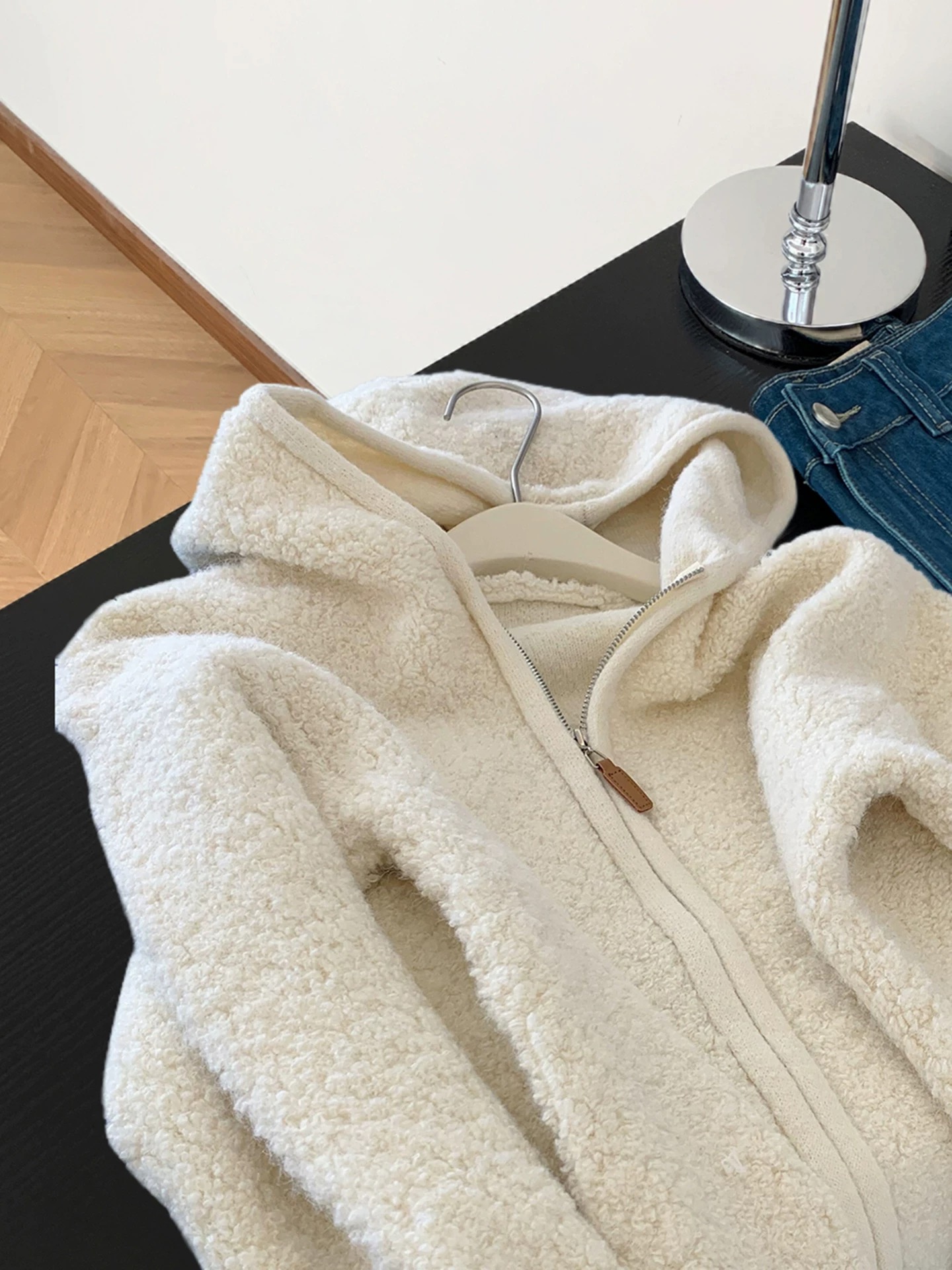 【氛围感大帽子】米白色连帽糕羔毛外套女秋冬新款加厚针织开衫女