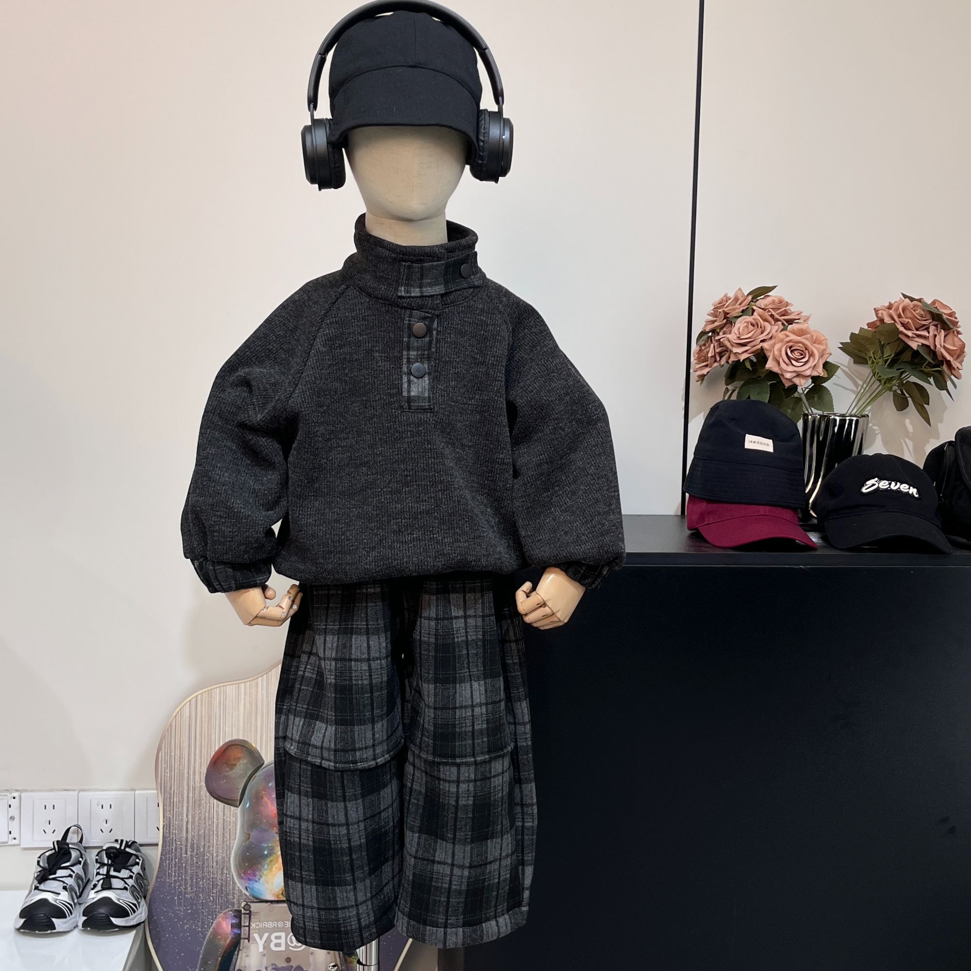 ME48新款加绒卫衣套装洋气酷帅韩潮童格子裤时尚深秋冬新款时髦精