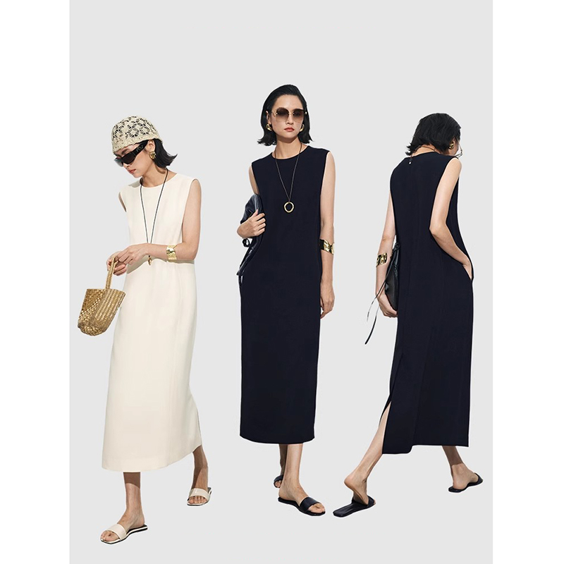 夏季黑色长裙宽松设计感无袖背心裙时尚开叉连衣裙女装圆领休闲裙