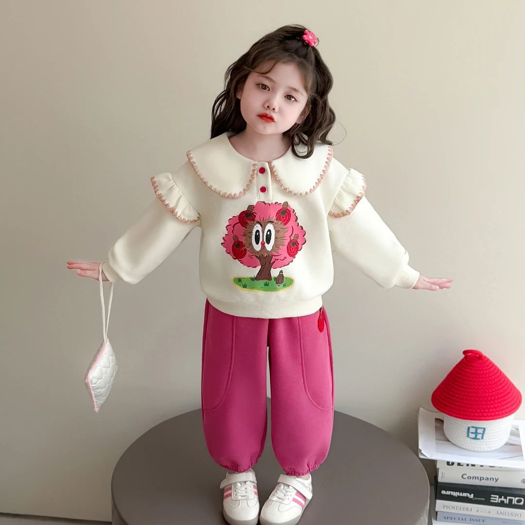 女童卫衣套装春秋款2025新款超好看女宝时髦苹果树儿童印花两件套