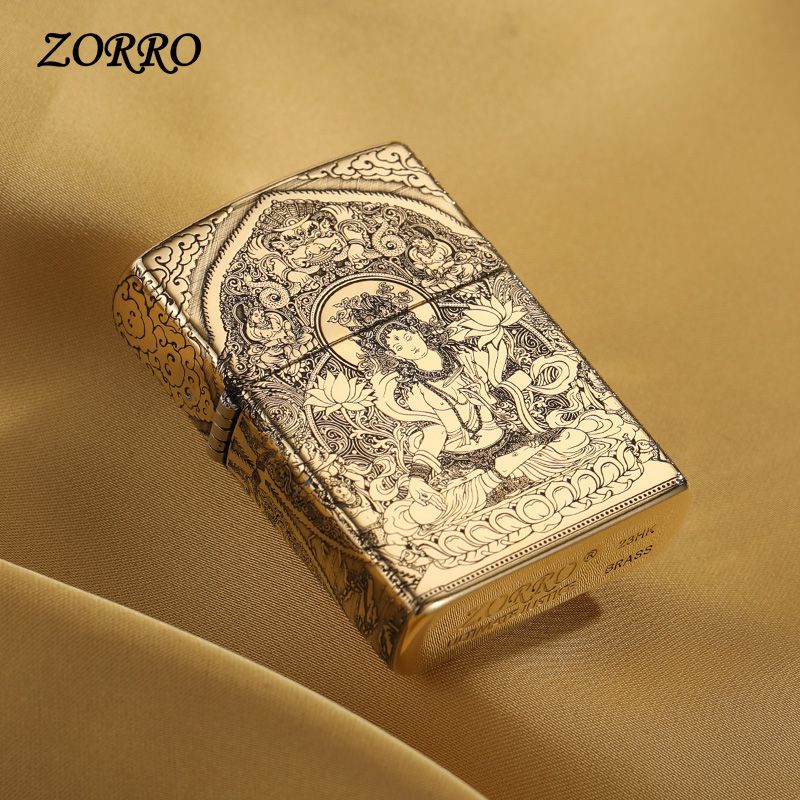ZORRO佐罗经典纯铜白度母煤油防风打火机黄铜五面精雕送男友礼物