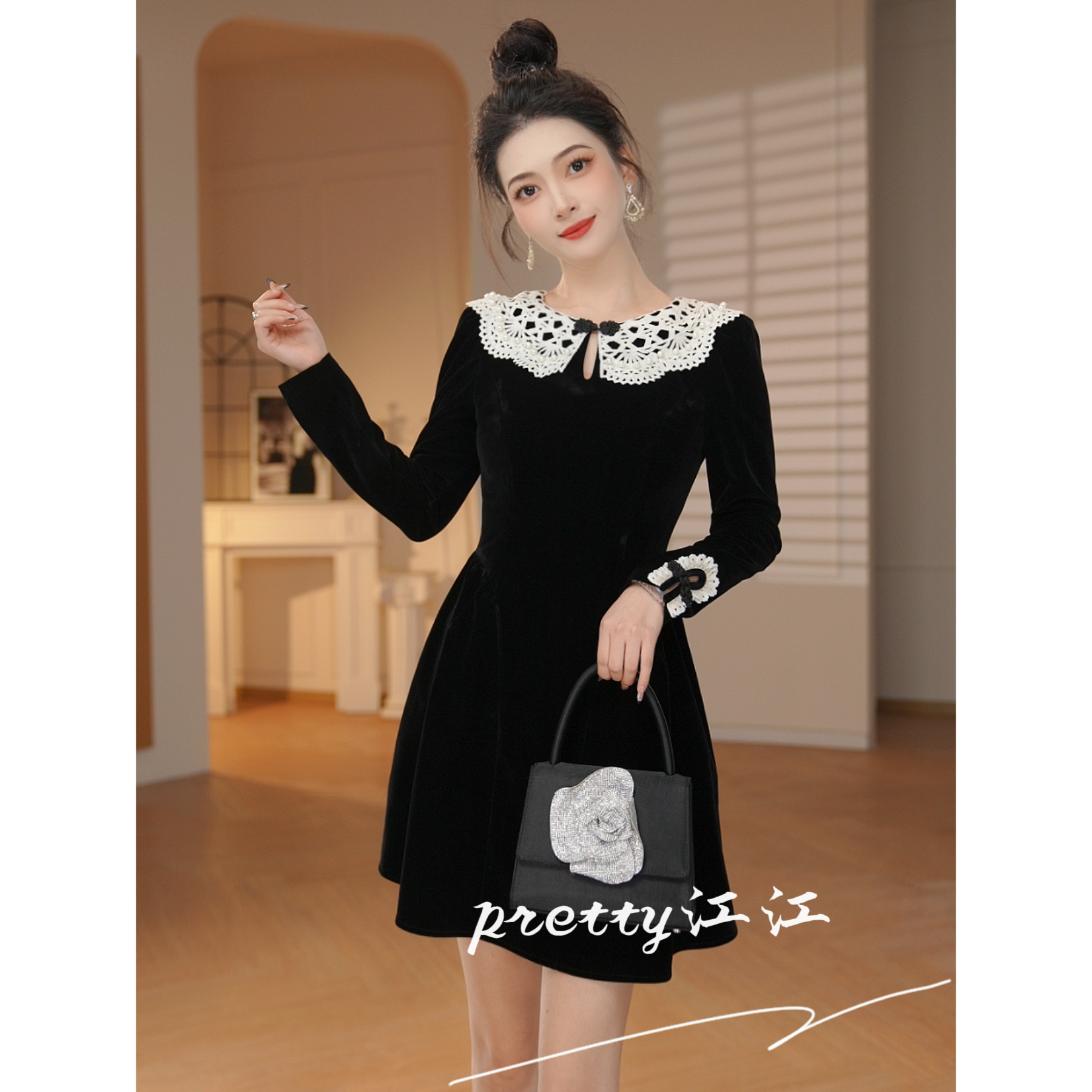 Pretty小众设计师品牌江江定制  气质名媛小个子时尚小黑裙45437
