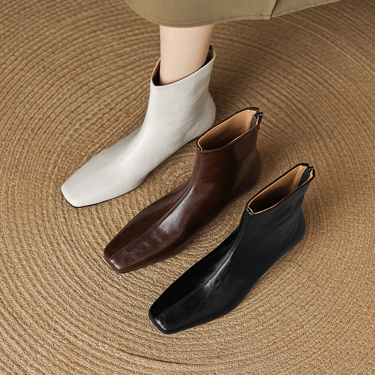 牛皮~2.5cm秋冬新款低跟短靴女复古米白色粗跟短筒瘦瘦靴真皮裸靴