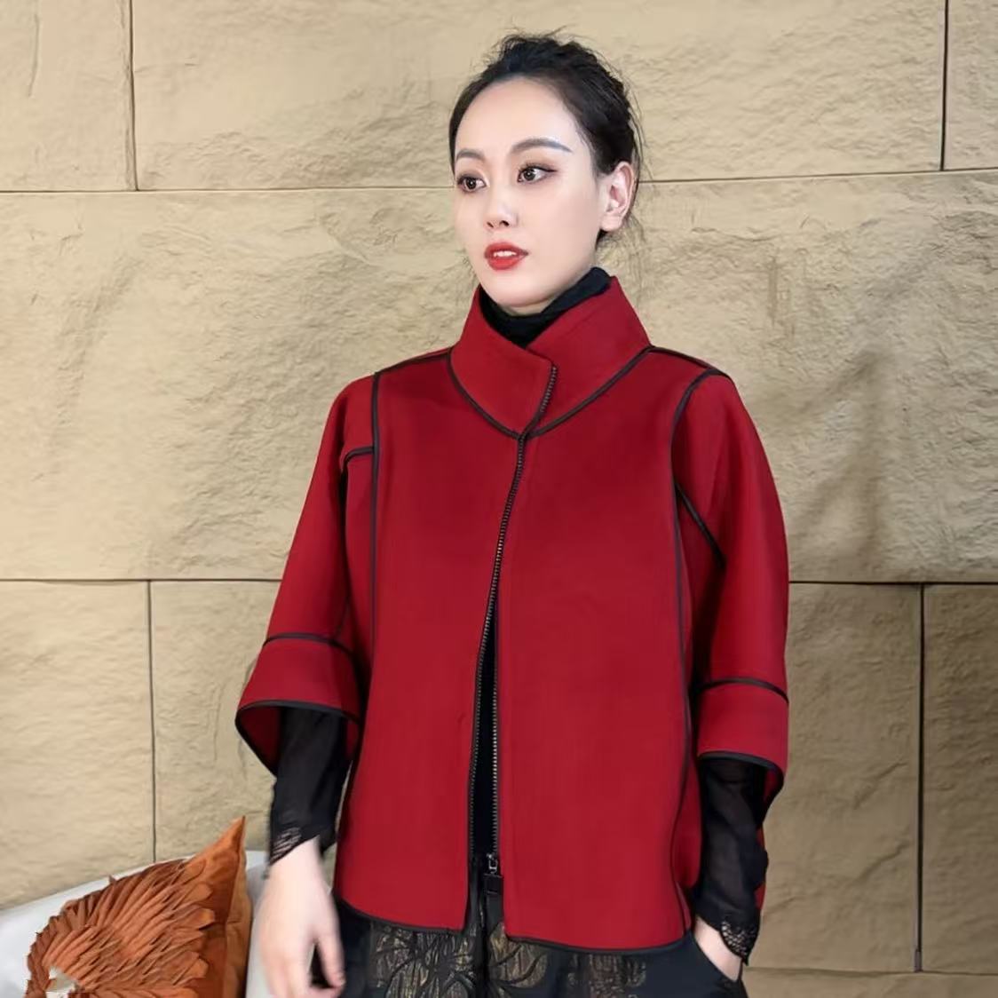 2025年春秋新款气质双面毛呢大码拉链宽松休闲外套上衣女