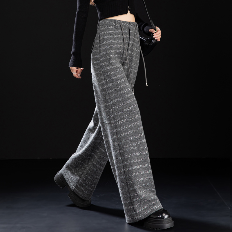秋冬垂感条纹裤子女灰色毛呢裤休闲裤女2025新款高腰阔腿裤拖地裤