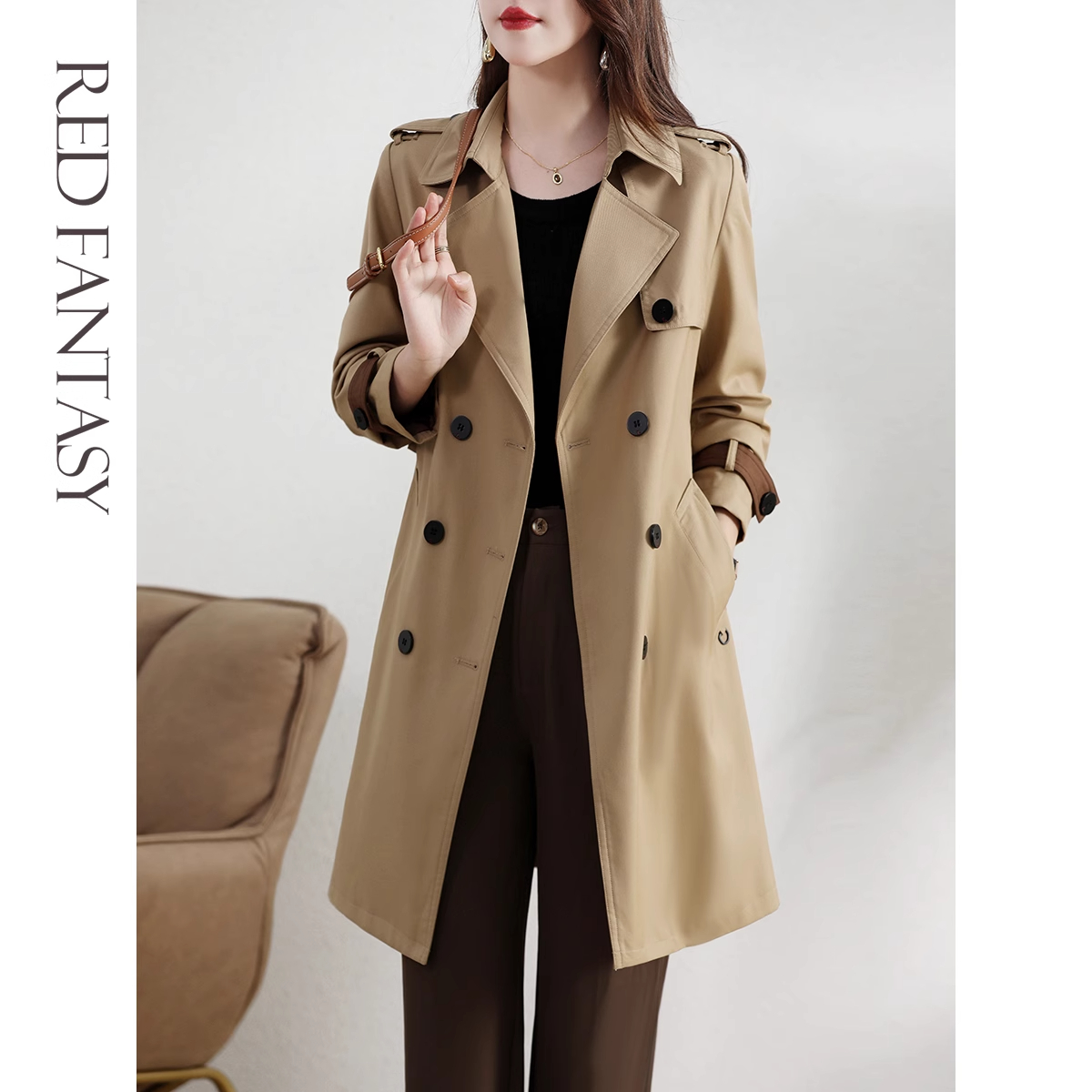 西装领卡其色风衣外套女2025年秋新高级感英伦风女装气质百搭大衣