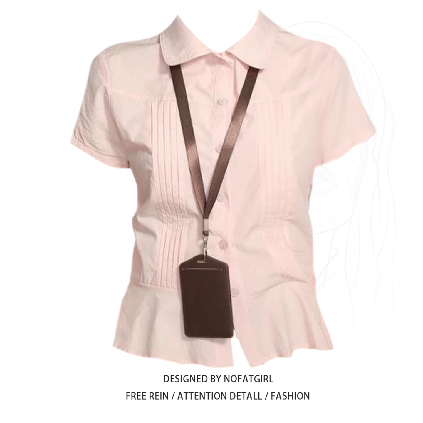 大码胖妹妹粉色polo领正肩短袖衬衫女夏季设计感收腰褶皱衬衣上衣