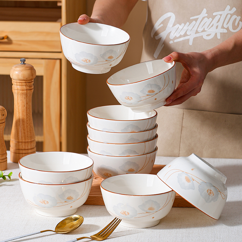 10个装陶瓷碗家用吃饭碗新款高颜值4.5/5英寸米饭碗釉下彩餐具瓷