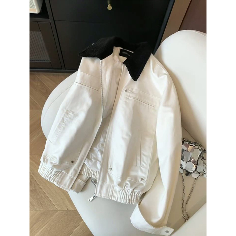 美式复古翻领撞色夹克外套女秋季新款巴恩风甜酷短款宽松工装上衣