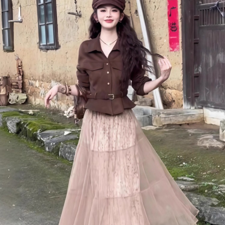 轻熟风时尚两件套女2025秋季新款翻领腰带款长袖外套+网纱半身裙