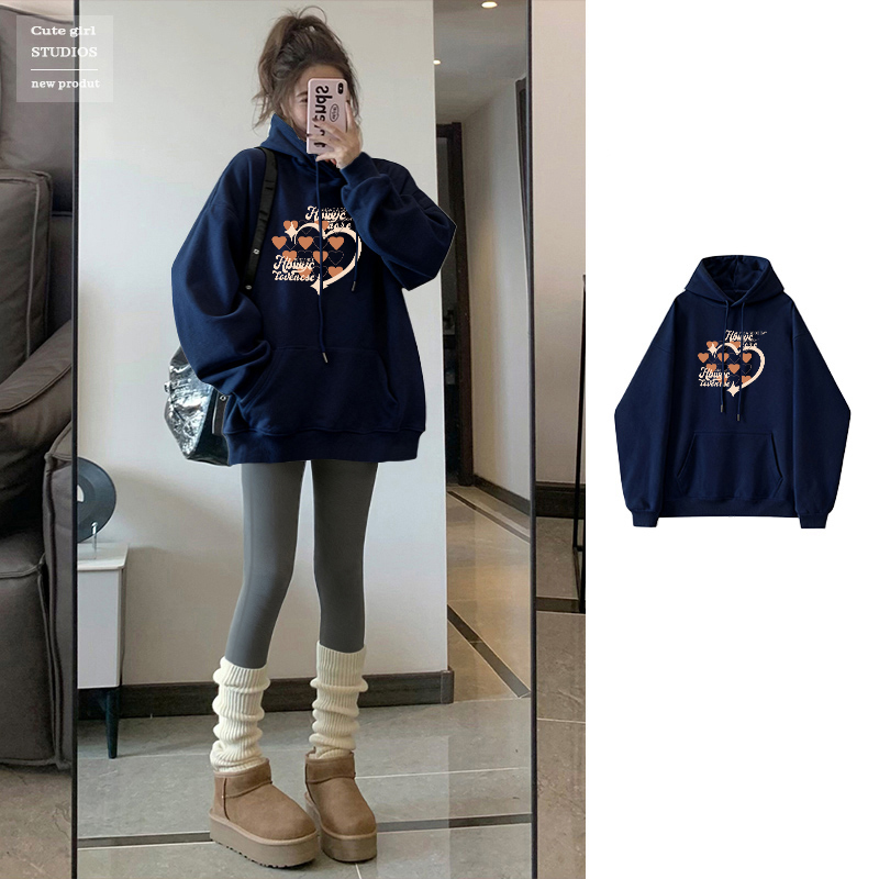 2025新款秋冬季藏青色连帽卫衣女宽松长袖外套加绒加厚中长款上衣