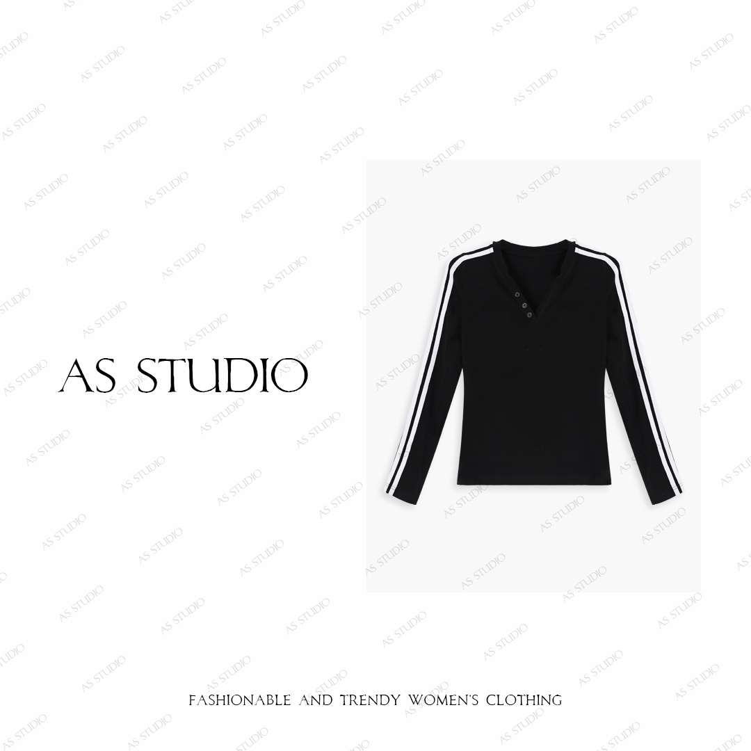 【AS三杠】25新极简质感撞色条纹半开领上衣AS25QTX02526