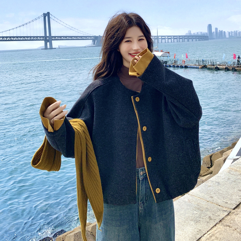 韩系撞色拼接毛呢外套女秋冬2025新款高档送披肩短款休闲夹克双面