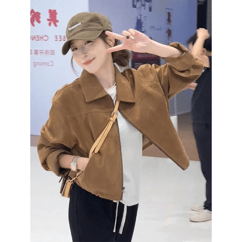 美拉德穿搭翻领短款外套女复古时尚宽松休闲夹克上衣2025秋季新款