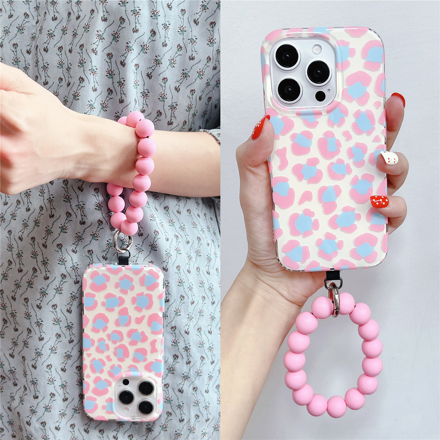 甜酷风少女心粉蓝豹纹适用苹果17手拎圆环iphone16pro手机壳15/14