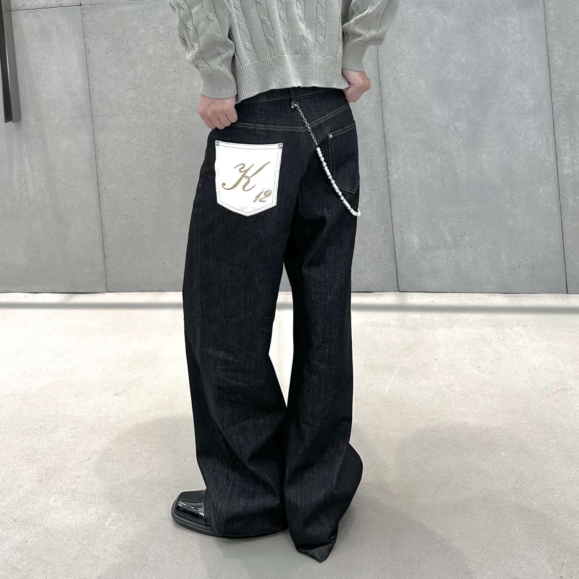 K12 25马毛冈山原牛不掉色洗水牛仔裤直筒baggy长裤