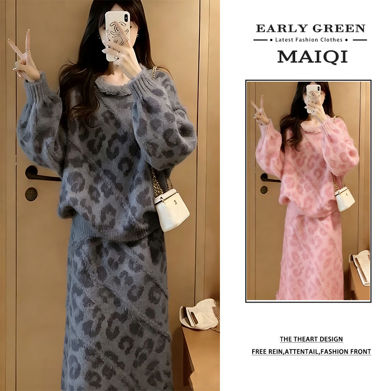 2025新款温柔风豹纹针织套装女秋冬新款花边毛衣气质半身裙两件套