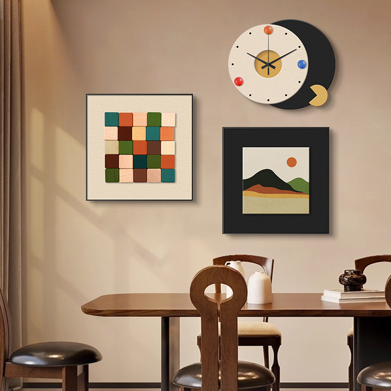 多巴胺餐厅装饰画创意餐桌背景墙挂画小众艺术饭厅钟表组合壁画