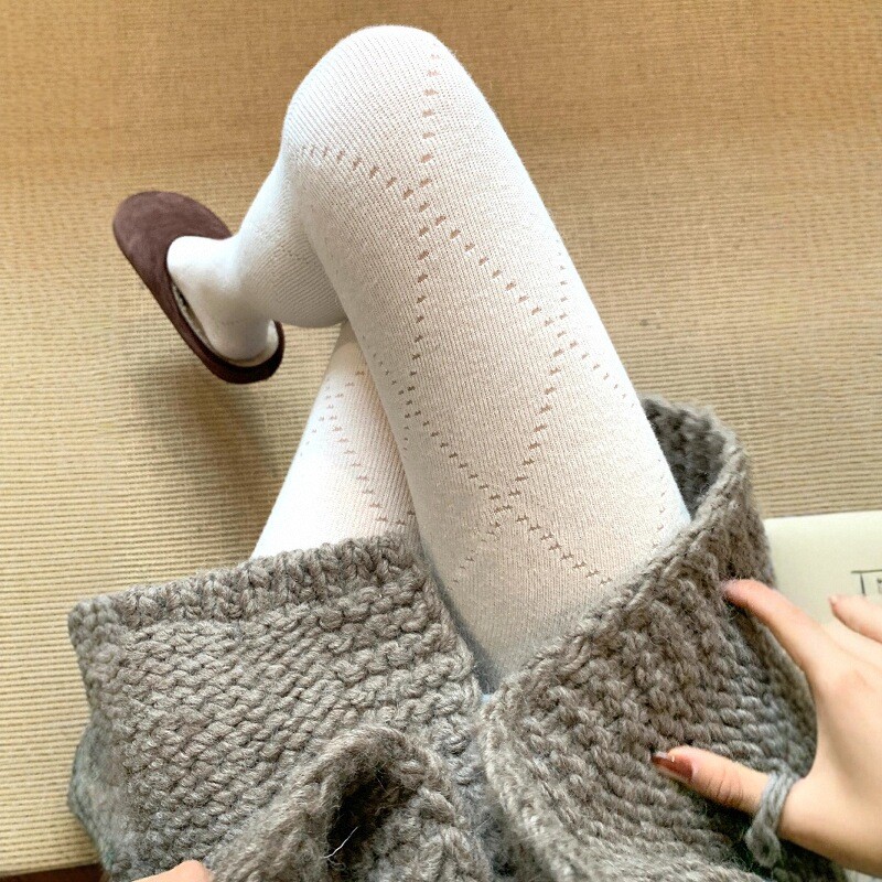 奶白菱格微微透肉连裤袜~好纯欲！百搭外穿日系春秋薄款打底袜