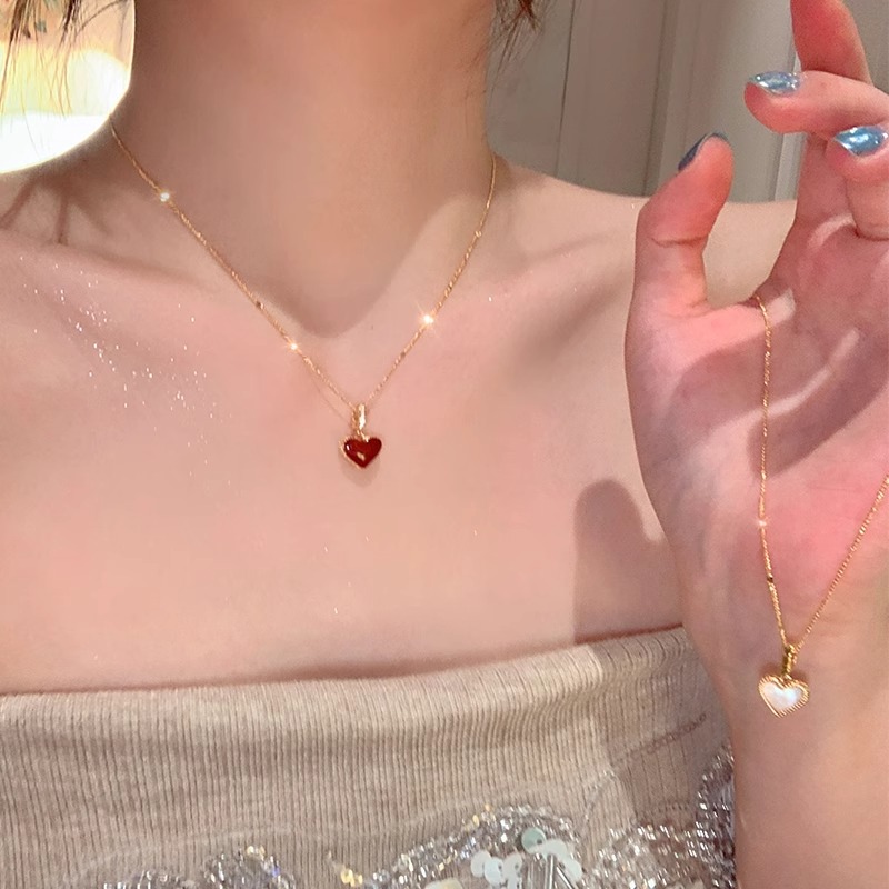 铜合金锆石吊坠 夏温柔红爱心滴油双面项链高级感气质锁骨链颈链
