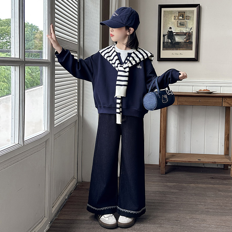 女童秋季披肩卫衣套装2025新款女大童洋气时髦秋装儿童春秋牛仔裤