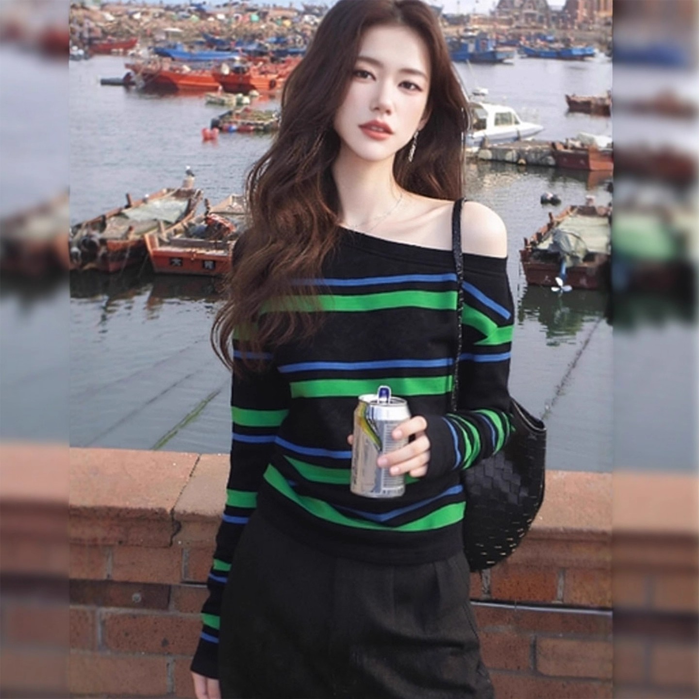 2025新款纯棉高端爆款韩系斜肩条纹长袖女秋冬独特超好看上衣通勤