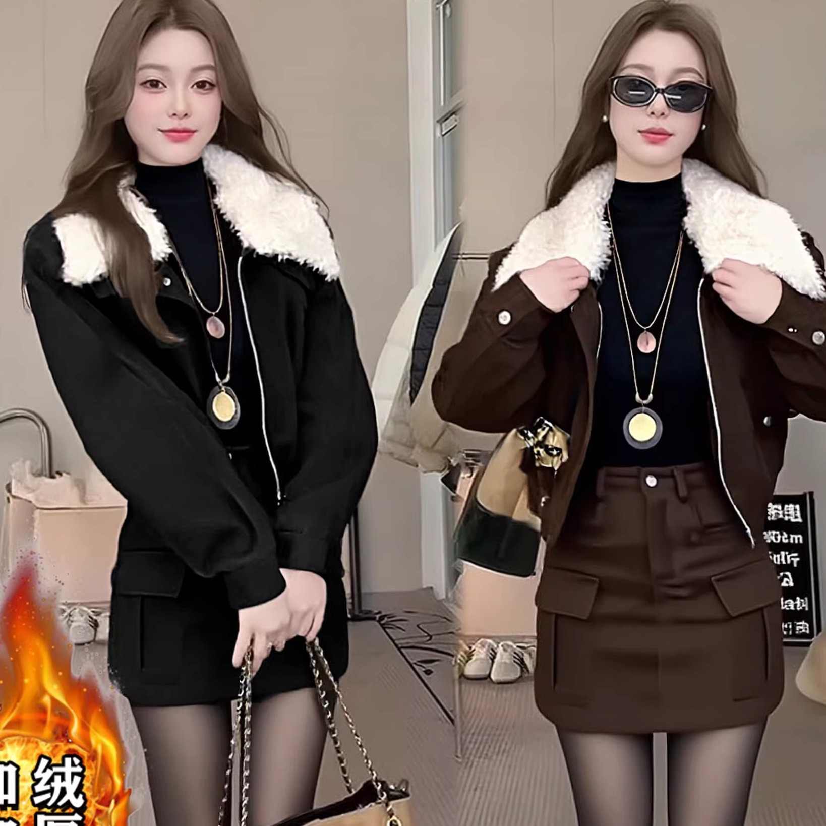 【木子】【加棉加厚】【两件套】休闲风时尚套装短外套网红裙套装QY0119