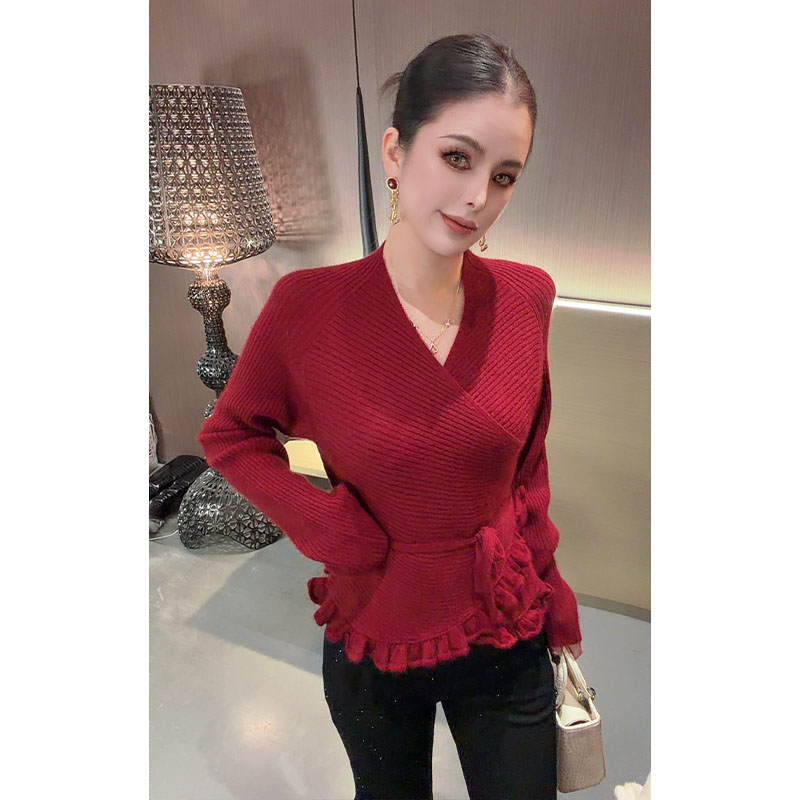V领交叉绑带针织长袖上衣CS31456