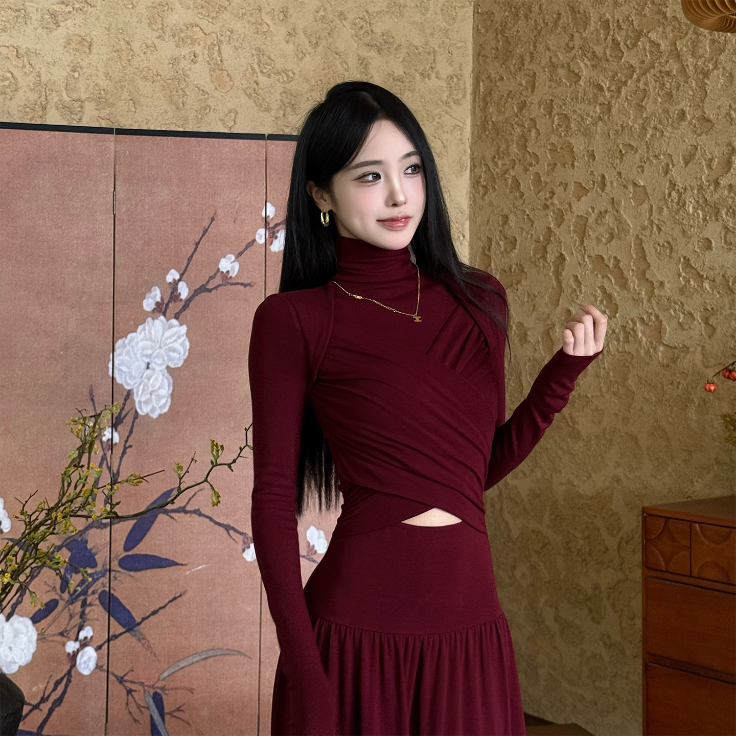 TITI 冬高领时尚假两件拼接连衣裙镂空交叉纽结设计高腰A字裙长裙