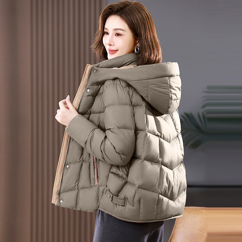 2025新款拼色连帽休闲短款棉服女韩版冬季百搭棉衣妈妈小棉袄外套