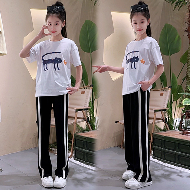 女童夏季短袖T恤套装2025新款女大童初高中学生阔腿裤休闲两件套