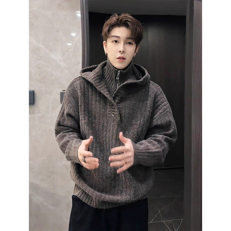 美式灰色假两件高领连帽毛衣男款冬季韩系慵懒风高级感针织衫外套