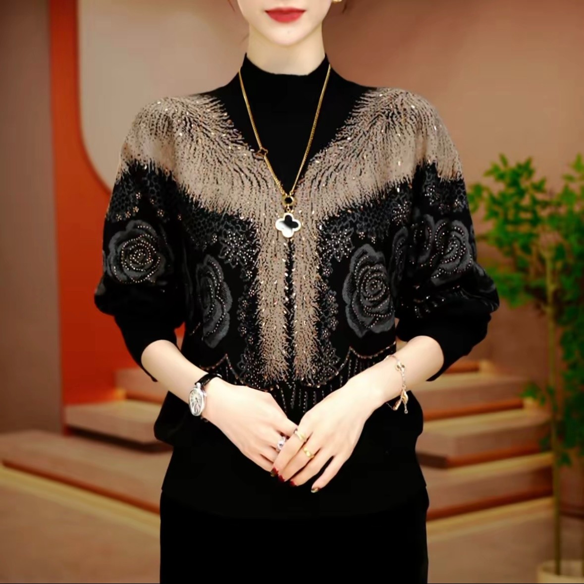 冬季时髦休闲减龄高档潮流显瘦针织妈妈气质大码时尚宽松显瘦毛衣