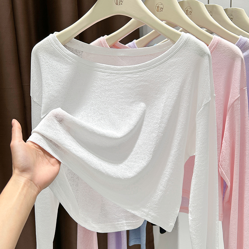 冰丝薄款洋气白色长袖T恤女夏季宽松短款大圆领微透纯欲防晒上衣