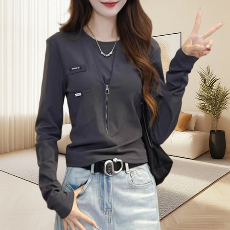 美式休闲简约风口袋拼接长袖T恤女春季新款别致减龄拉链打底衫女