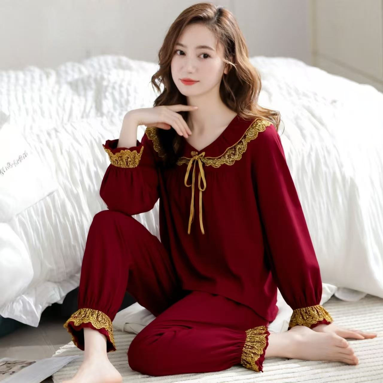 喜庆结婚新婚本命红蕾丝花边长袖长裤睡衣女简约高级感家居服套装