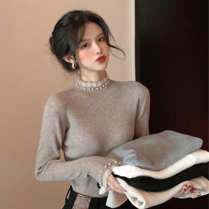 半高领针织衫女秋冬内搭打底衫高级感毛衣女中领外穿女装冰激淋色