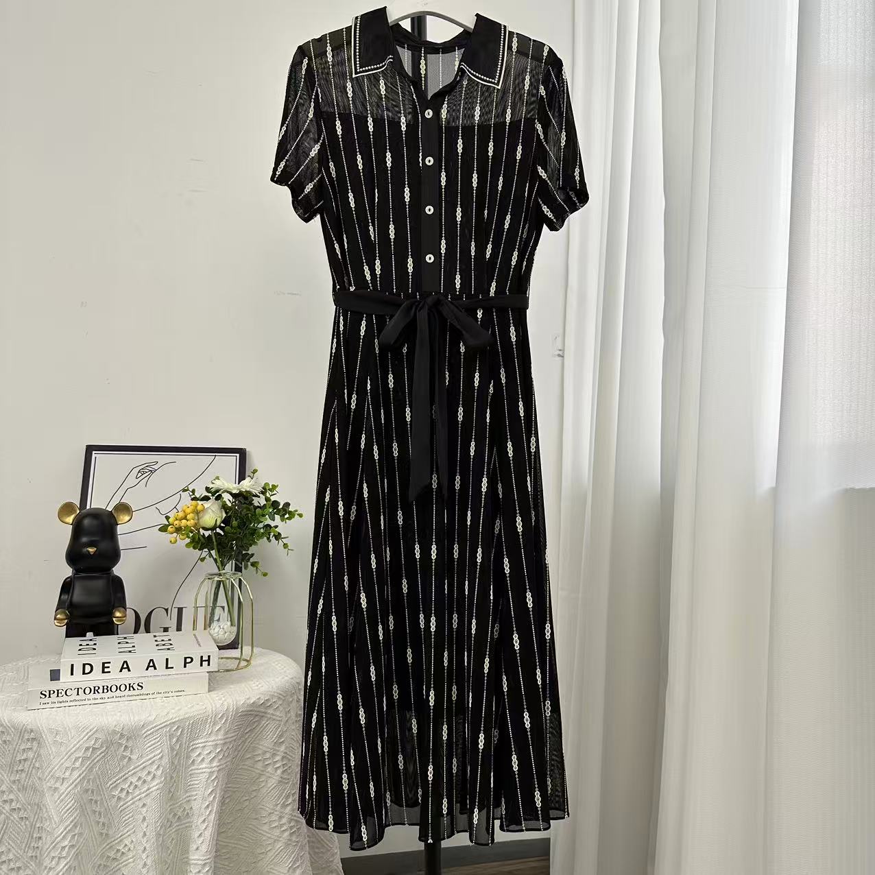 GLB051   夏季时尚气质翻领大裙摆收腰显瘦连衣裙