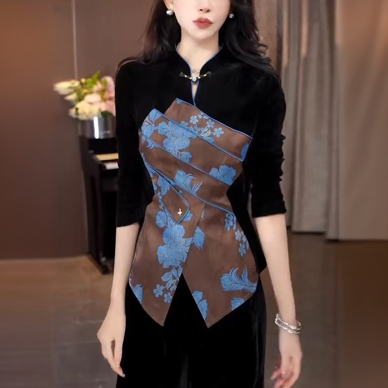 【晨浠定制】新款新中式国风印花拼接丝绒套装8619