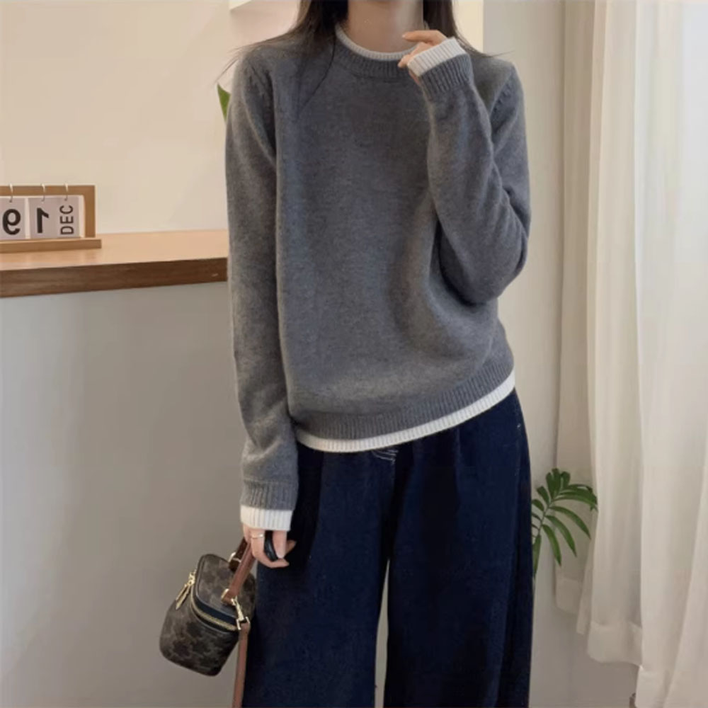 秋冬季时尚女装洋气宽松圆领长袖假两件拼色打底针织衫保暖毛衣女