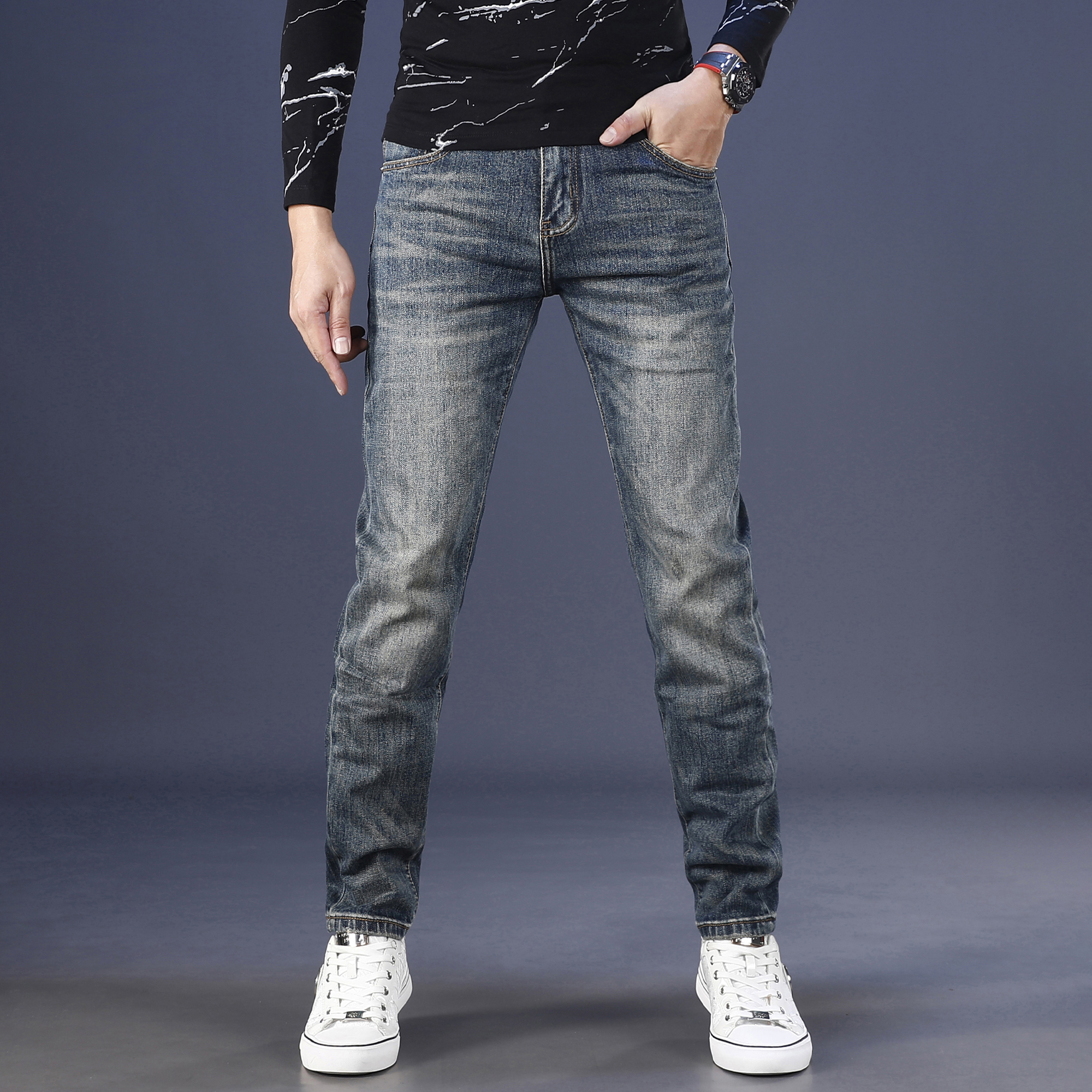 水洗做旧牛仔裤男款爆款2025新款秋冬款修身小脚高端弹力休闲长裤