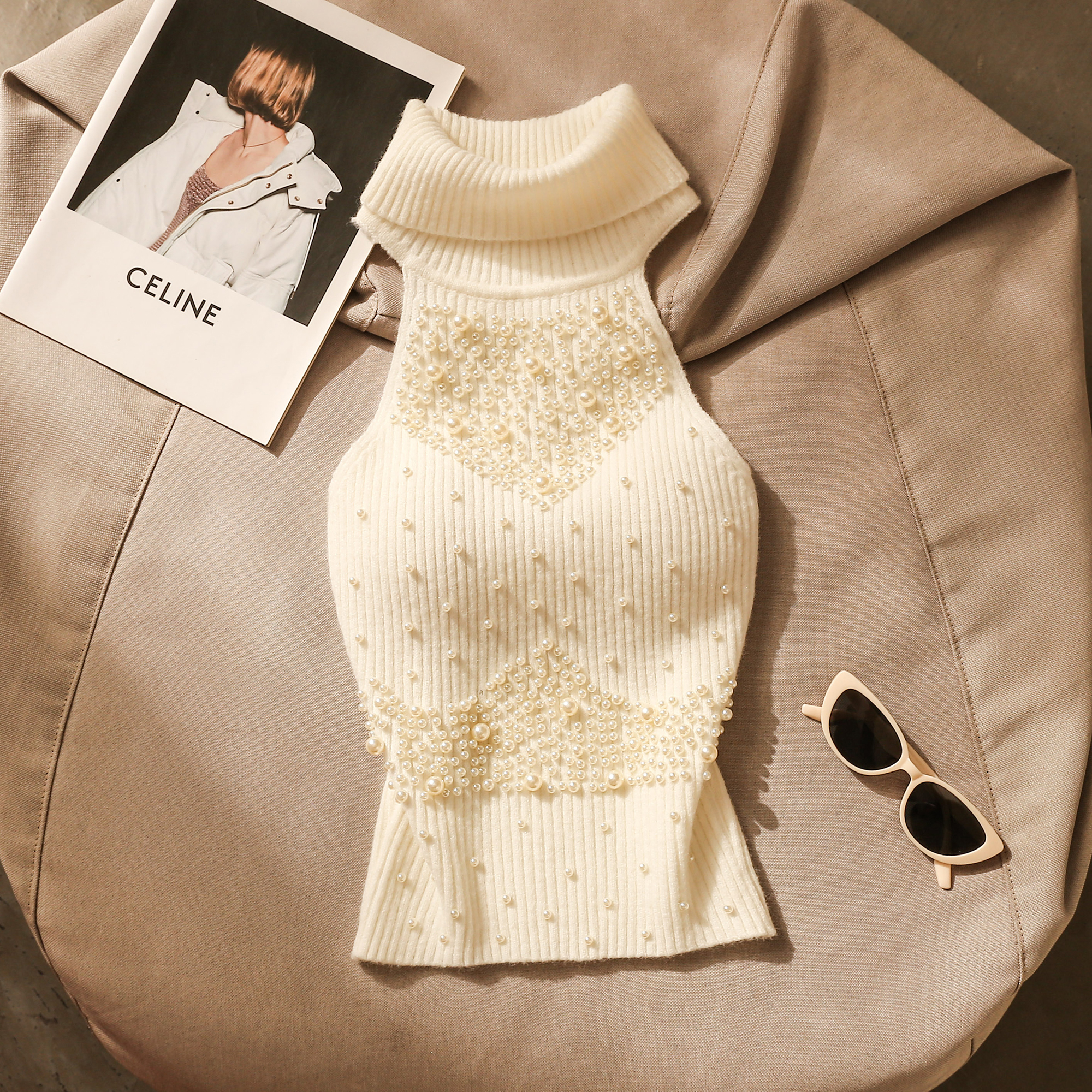 辣妹重工珍珠白色针织挂脖高领吊带背心女高级感修身内搭美背上衣