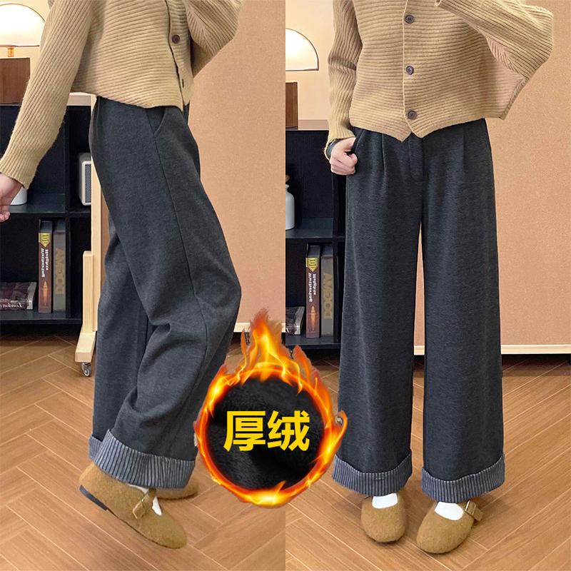深灰色加绒毛呢直筒休闲裤女冬季新款梨型身材胖mm遮胯显瘦阔腿裤