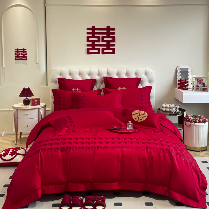 水星家纺婚庆刺绣纯棉四件套大红色刺绣被套床单结婚陪嫁联名水星