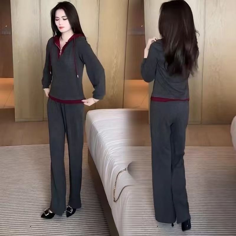 休闲运动服套装女士2025年春秋季新款时尚假两件卫衣阔腿裤两件套