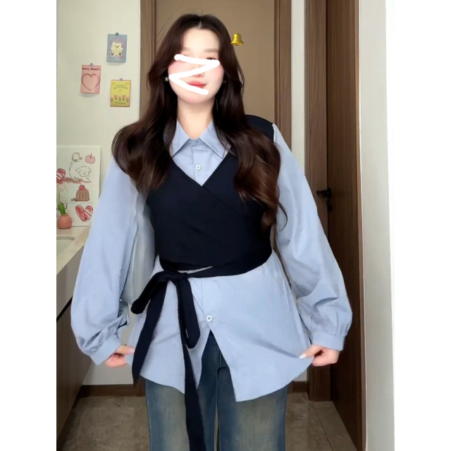 大码胖MM韩系百搭假两件长袖衬衫女秋季2025新款绑带收腰遮肉衬衣